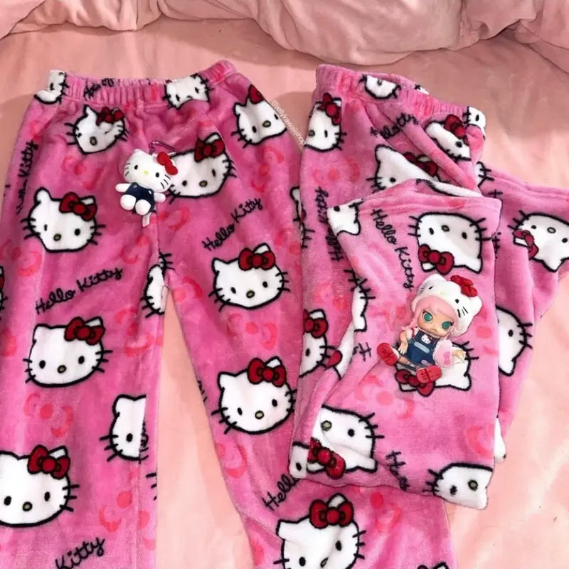 Hello Kitty Plush Pajama Pants – Cozy Cartoon Lounge Bottoms Unisex