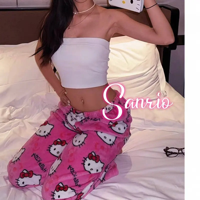 Hello Kitty Plush Pajama Pants – Cozy Cartoon Lounge Bottoms Unisex