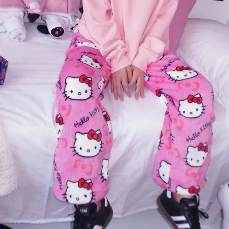 Hello Kitty Plush Pajama Pants – Cozy Cartoon Lounge Bottoms Unisex