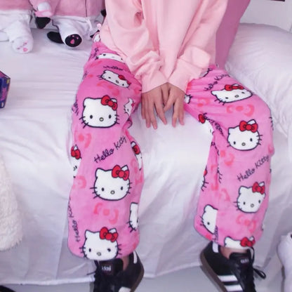 Hello Kitty Plush Pajama Pants – Cozy Cartoon Lounge Bottoms Unisex